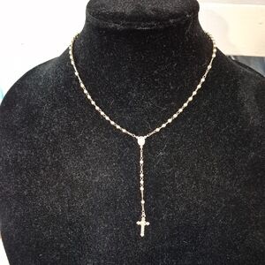 Delicate Gold Rosary-Style Cross Pendant Necklace